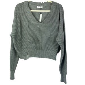 NWT Rumored distressed oversized slouchy cropped popover vneck sweater Sz S